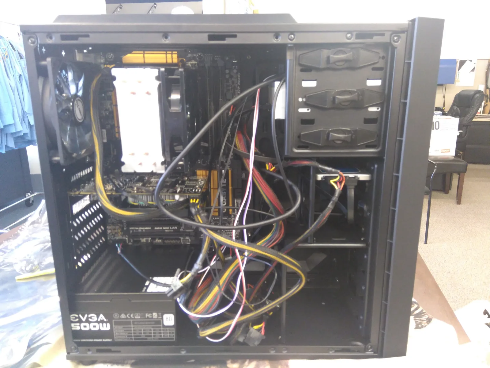 Desktop PC internal wiring and components during repair at SUZU PC and Web in Atlanta, GA