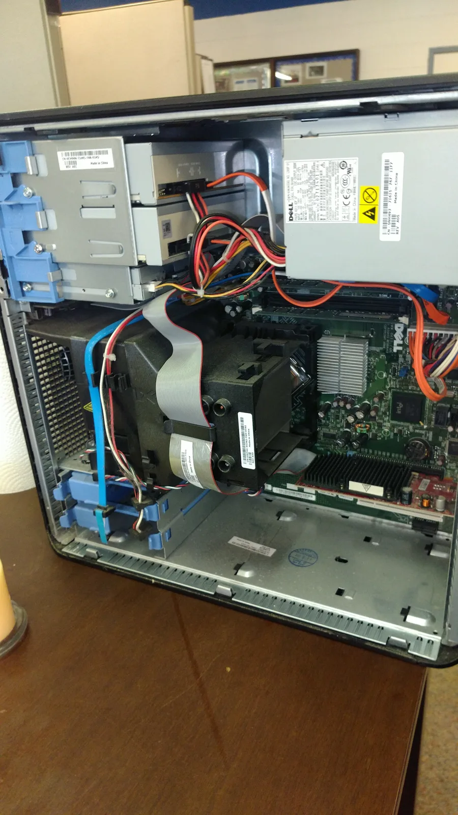 Inside a desktop computer tower during repair at SUZU PC and Web in Atlanta, GA